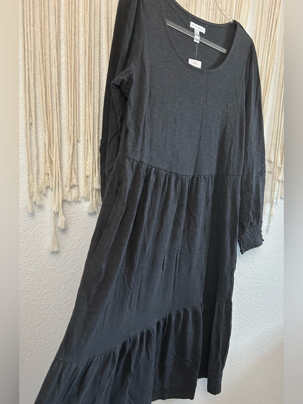 Denim & Co. Canyon Retreat Easy Midi Tiered Dress Washed Black Long Sleeve - Picture 12 of 16